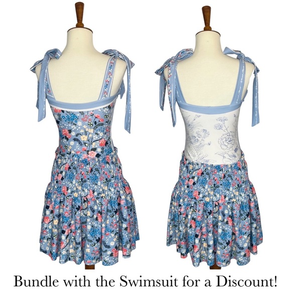 Retro Blue Floral Shirred High Waist Drawstring Beach Skirt - Picture 14 of 16